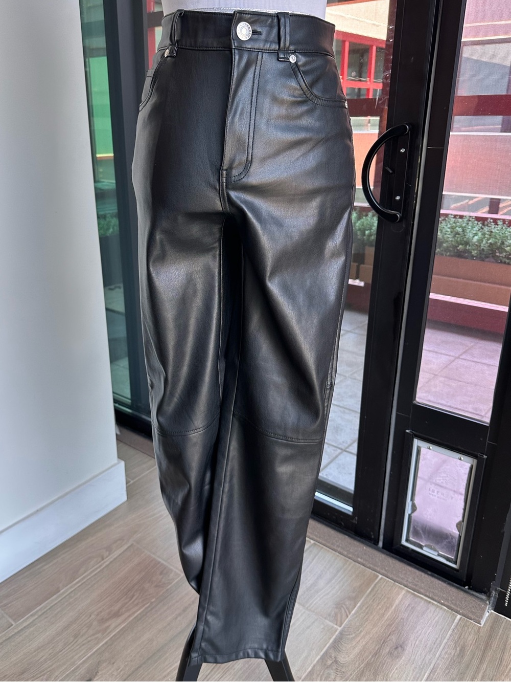Bershka Black Faux Leather Trousers with Silver Button